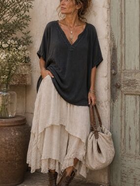 Black Textured Boho Tunic Top Oversized Lagenlook Soft Grunge